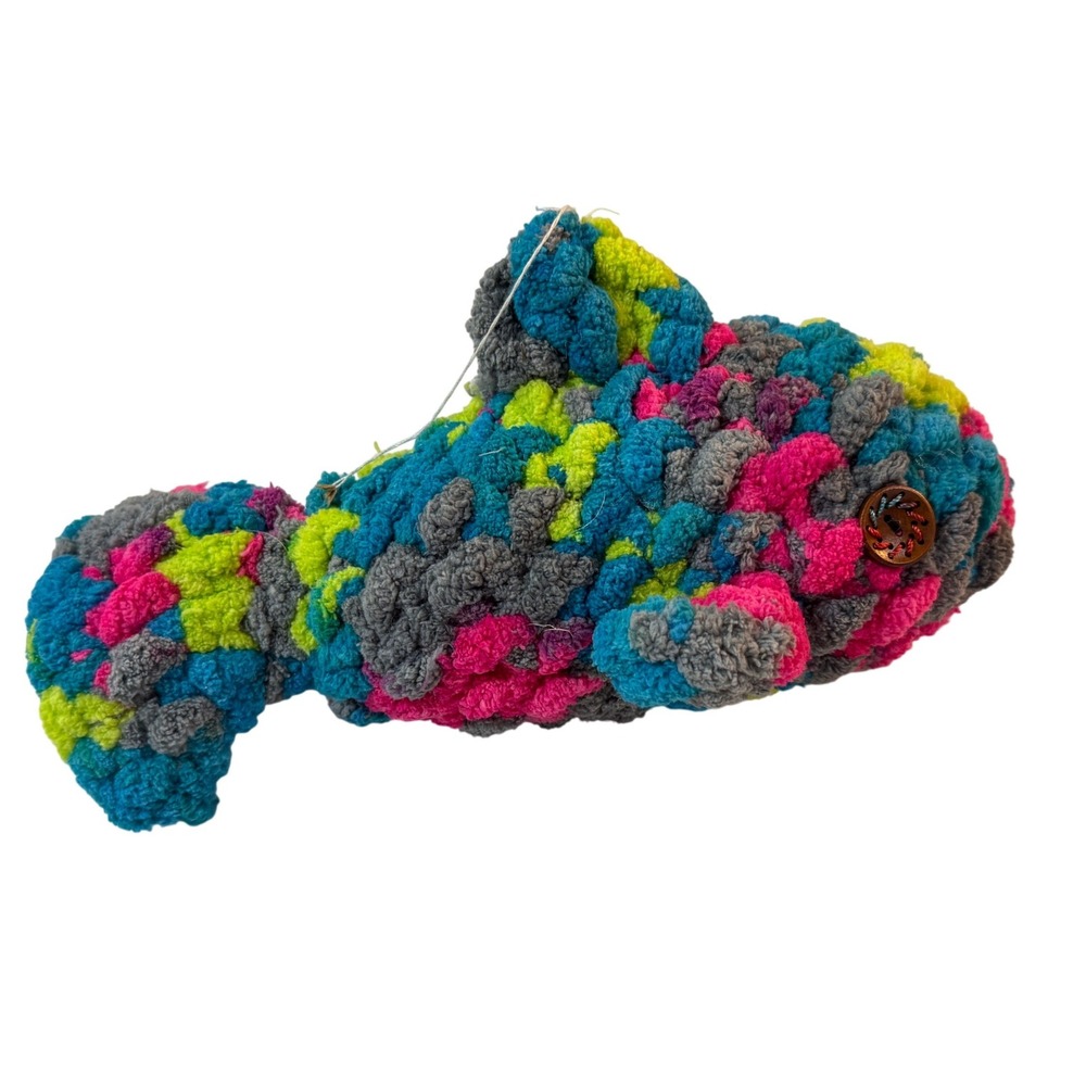 Vintage Handmade Chunky Chenille Crochet Fish Plush Toy Colorful Soft Yarn